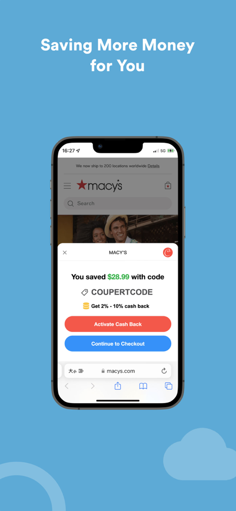 Coupert Lite Safari extension showing a coupon discount and cashback activation on Macy's checkout page
