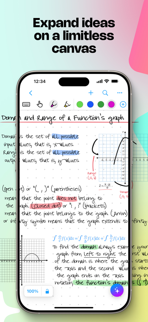 Mobile app screen showing handwritten math notes and diagrams on a limitless digital canvas