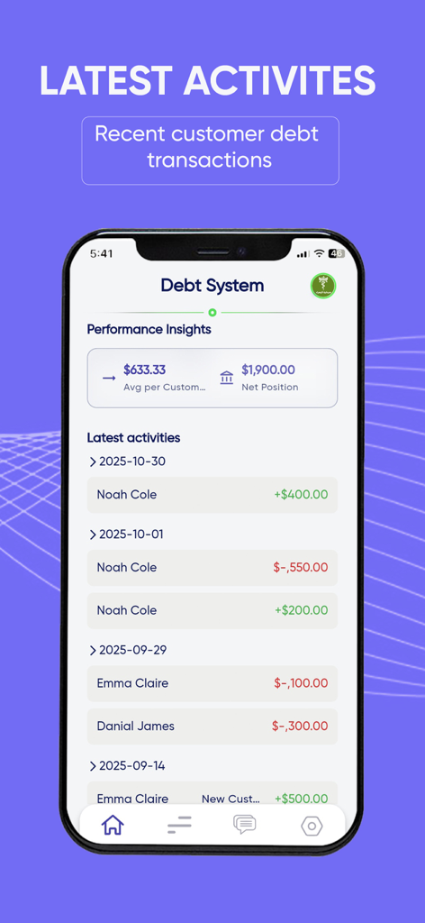 Screenshot of the Debt System app showing latest customer debt transactions and financial performance insights on an iPhone.