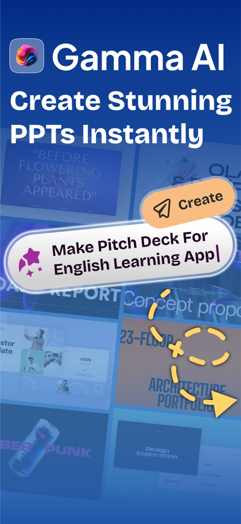 Interface de l'application Gamma AI montrant une invite pour créer un argumentaire de vente pour une application d'apprentissage de l'anglais avec des modèles de présentation en arrière-plan.