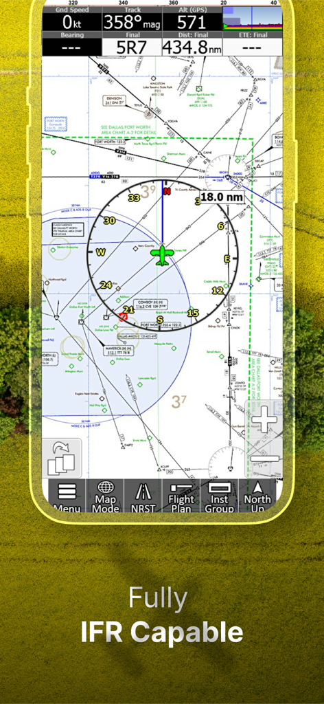 iFly EFB - iFly EFB mobile app interface displaying a detailed IFR navigation chart with flight data