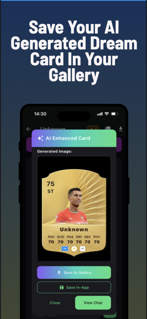 FC 26 Ai Card Generator - A mobile app interface showing a custom gold football card and a button to save the image to the gallery