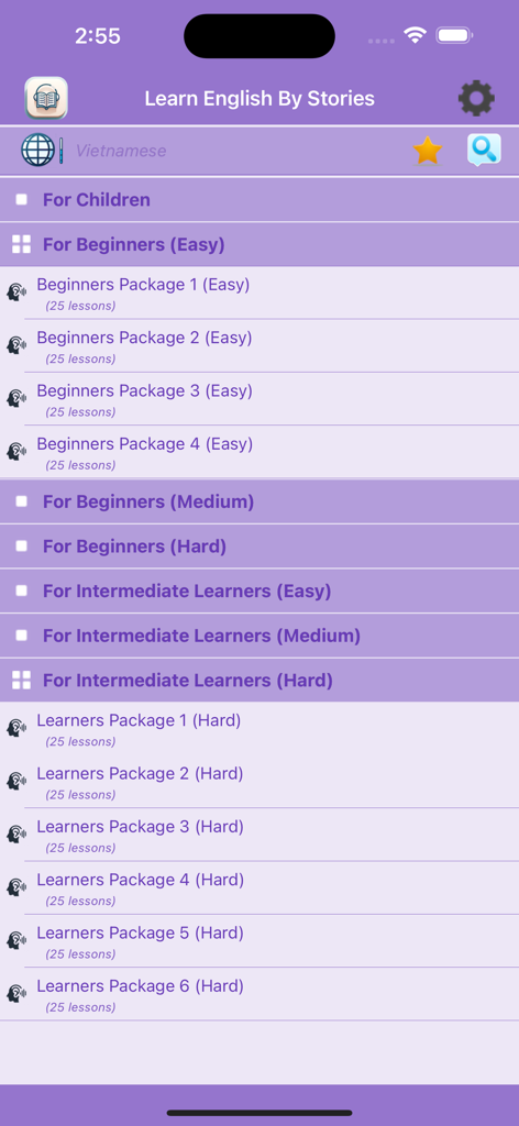Learn English By Stories + - Main menu of Learn English By Stories app showing lessons categorized by level for beginners and intermediate learners.