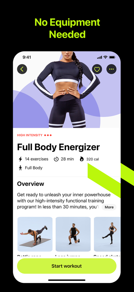 Home Workout Planner - FitFlow - Interfaz de la aplicación FitFlow que muestra un plan de entrenamiento de cuerpo completo de alta intensidad sin necesidad de equipo