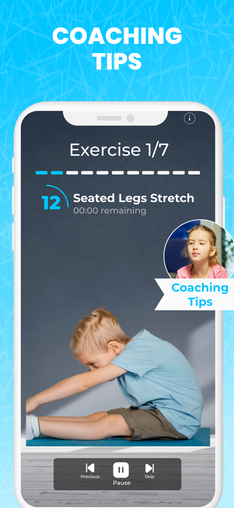 Interface do aplicativo mostrando um vídeo de alongamento de pernas sentado com dicas de coaching para melhora da altura.