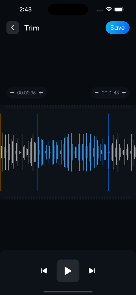 Interfaz de la aplicación Mp3 Cutter que muestra una forma de onda de audio y herramientas de recorte de precisión para crear tonos de llamada personalizados.