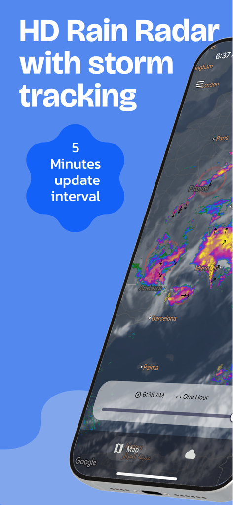 Rain Maps - Radar de lluvia HD con seguimiento de tormentas e intervalo de actualización de 5 minutos en la interfaz de la aplicación móvil Rain Maps