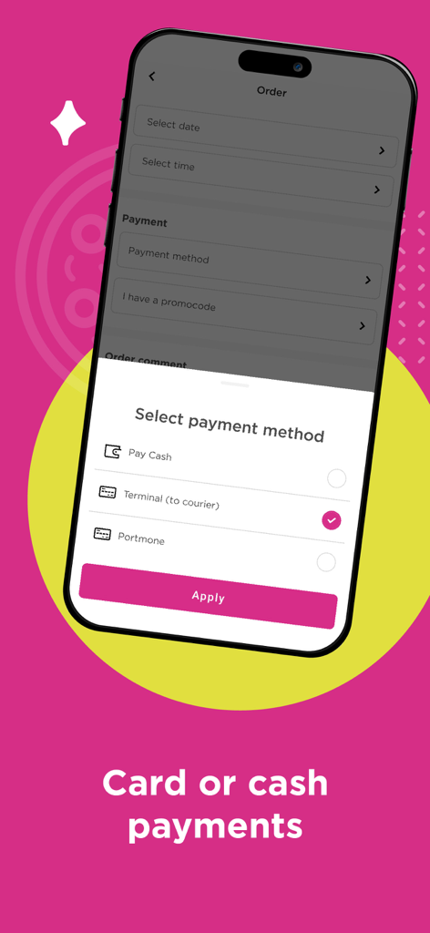 Yapiko - Pantalla de pago de la app de entrega de comida Yapiko para seleccionar métodos de pago en efectivo o con tarjeta