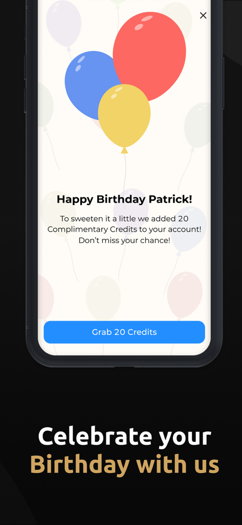 GuysOnly: Dating for Gay Guys - A GuysOnly app screenshot showing a birthday promotion offering twenty complimentary credits to a user