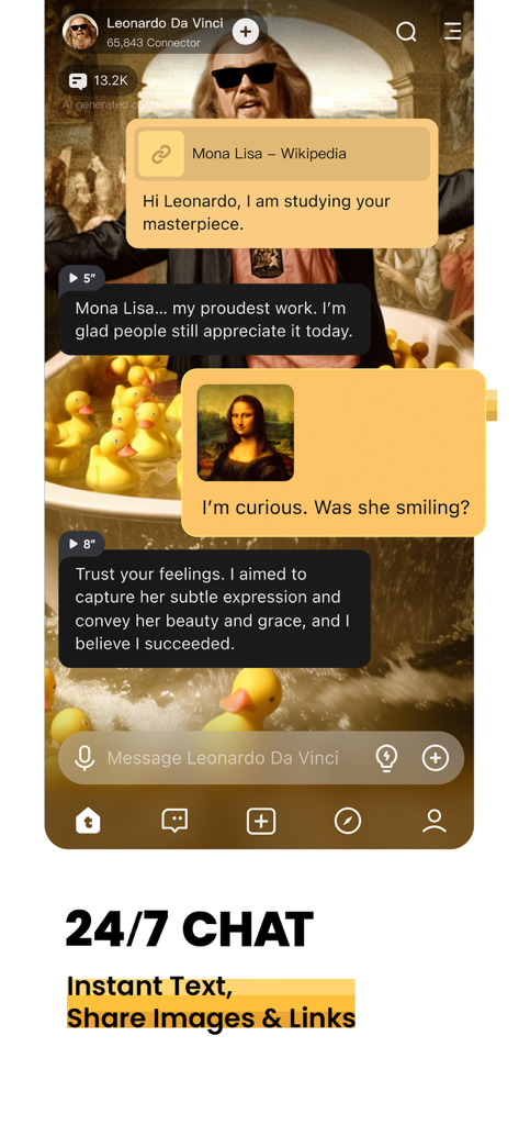 Talkie app interface showing a 24/7 chat with an AI Leonardo Da Vinci character including image and link sharing features
