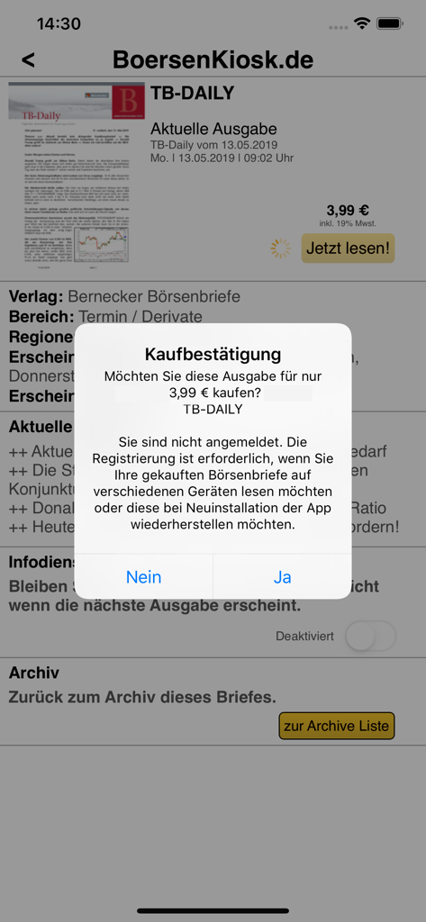 BoersenKiosk - Kaufbestätigungsdialog der BoersenKiosk-App für einen Finanz-Newsletter