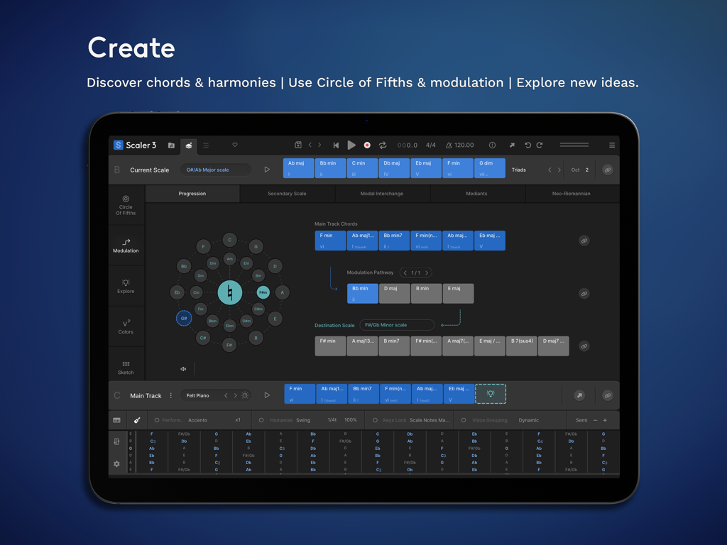 Interfaz de la aplicación Scaler 3 para iPad que muestra herramientas de teoría musical, incluido el Círculo de Quintas y las vías de modulación de acordes