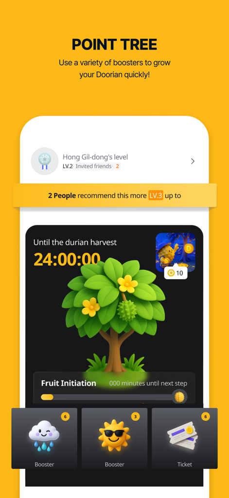 A gamified interface from the Doorian Global app showing a virtual durian tree being grown with boosters like rain and sun to earn reward points.