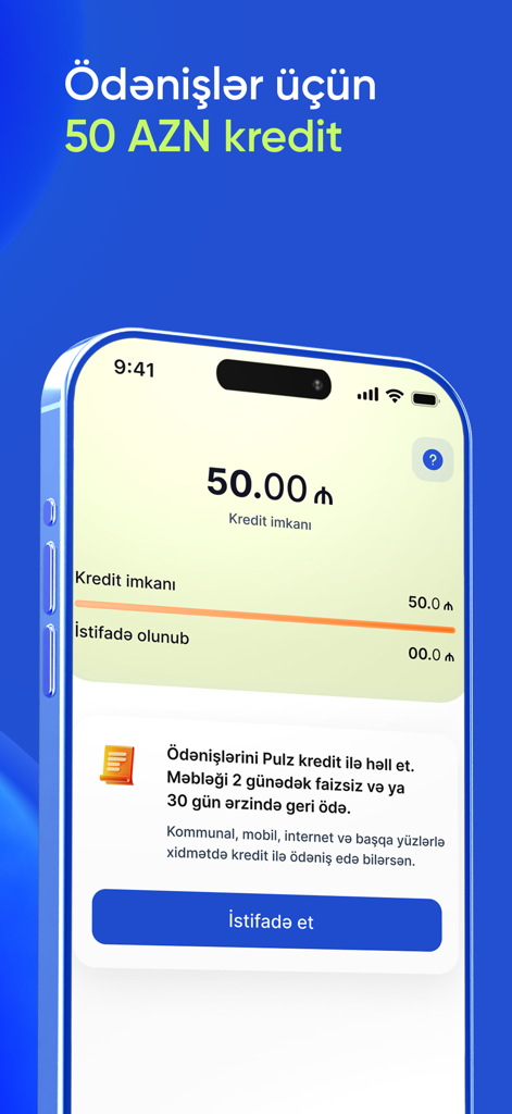 Pulz digital wallet mobile app interface showing a 50 AZN credit offer for payments.