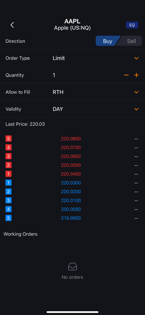 Trading interface for Apple stock limit order on NOVA app