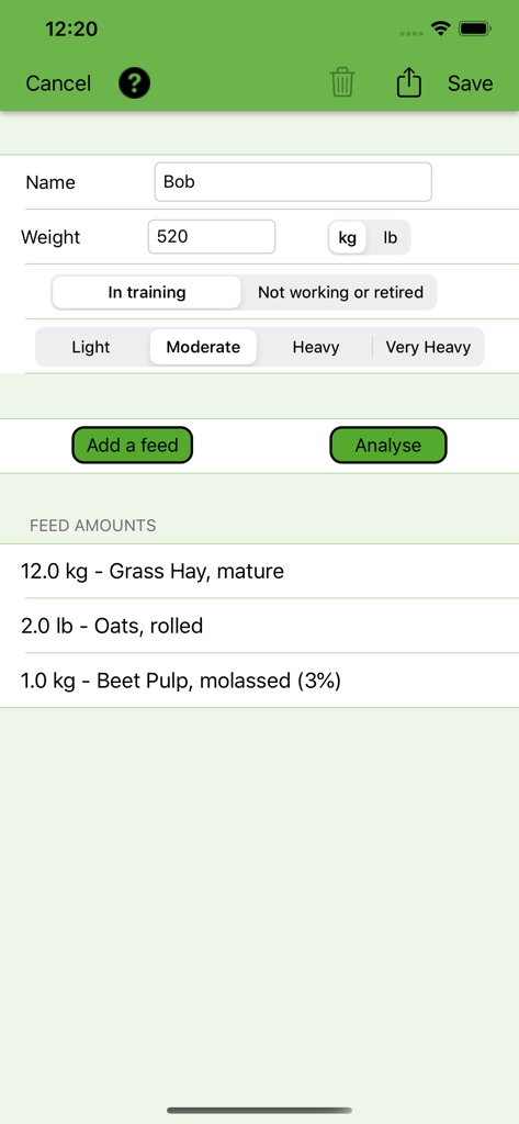 Interface of the Equine Nutrition Calculator app showing horse data and daily feed ration for analysis
