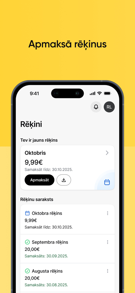 Écran de l'application mobile Mans Tet montrant une liste de factures de services publics et une interface de paiement de facture en letton