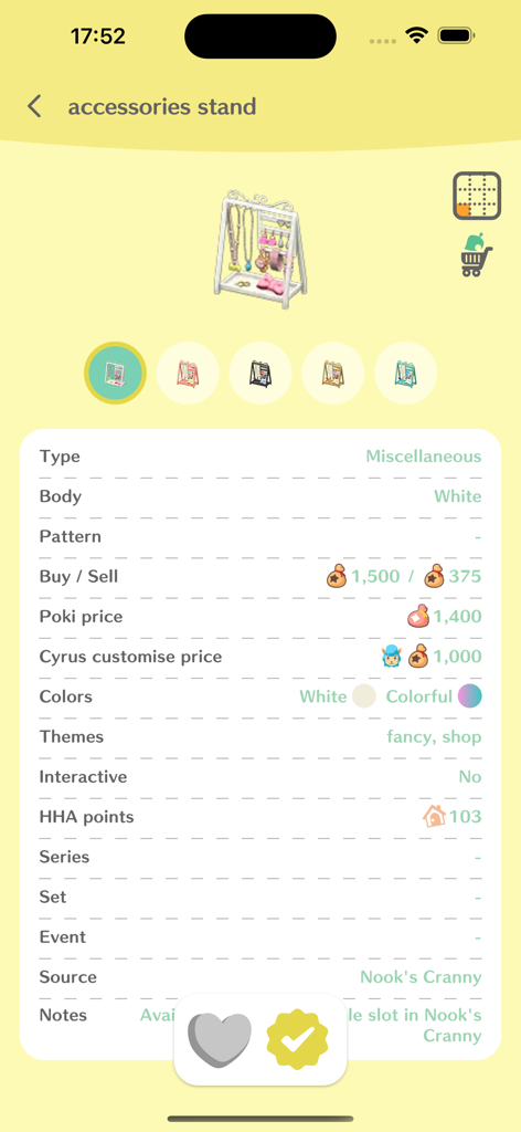 Planner for AC: NH - Detailed item information for an accessories stand in the Planner for AC NH app