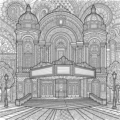 Immerse yourself in the majestic beauty of a grand theater, reimagined with the mesmerizing patterns of Zentangle art. This intricate coloring page offers a sophisticated and relaxing creative escape for artists of all levels.