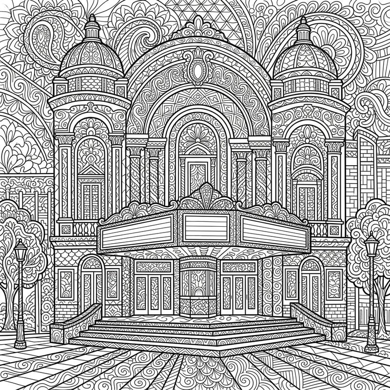 Immerse yourself in the majestic beauty of a grand theater, reimagined with the mesmerizing patterns of Zentangle art. This intricate coloring page offers a sophisticated and relaxing creative escape for artists of all levels.