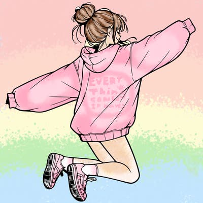 realistic girl jumping with a bun and oversized sweatshirt