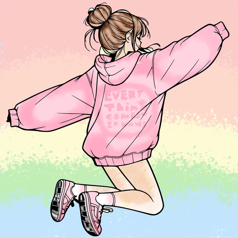 realistic girl jumping with a bun and oversized sweatshirt