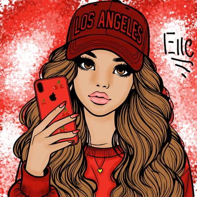 realistic beautiful girl wearing los ángeles cap holding an iphone