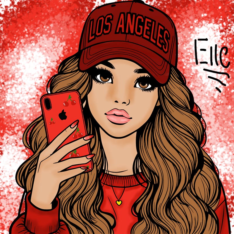 realistic beautiful girl wearing los ángeles cap holding an iphone
