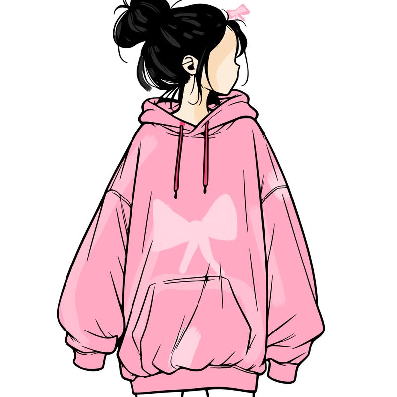 realistic girl with a oversized sweatshirt on and a bun