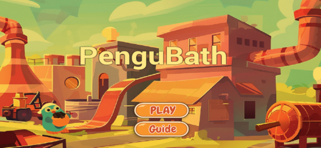 PenguBath - PenguBath title screen with a cute penguin and industrial bathhouse background