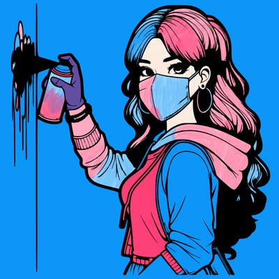 realistic girl with mask spray painting a wall