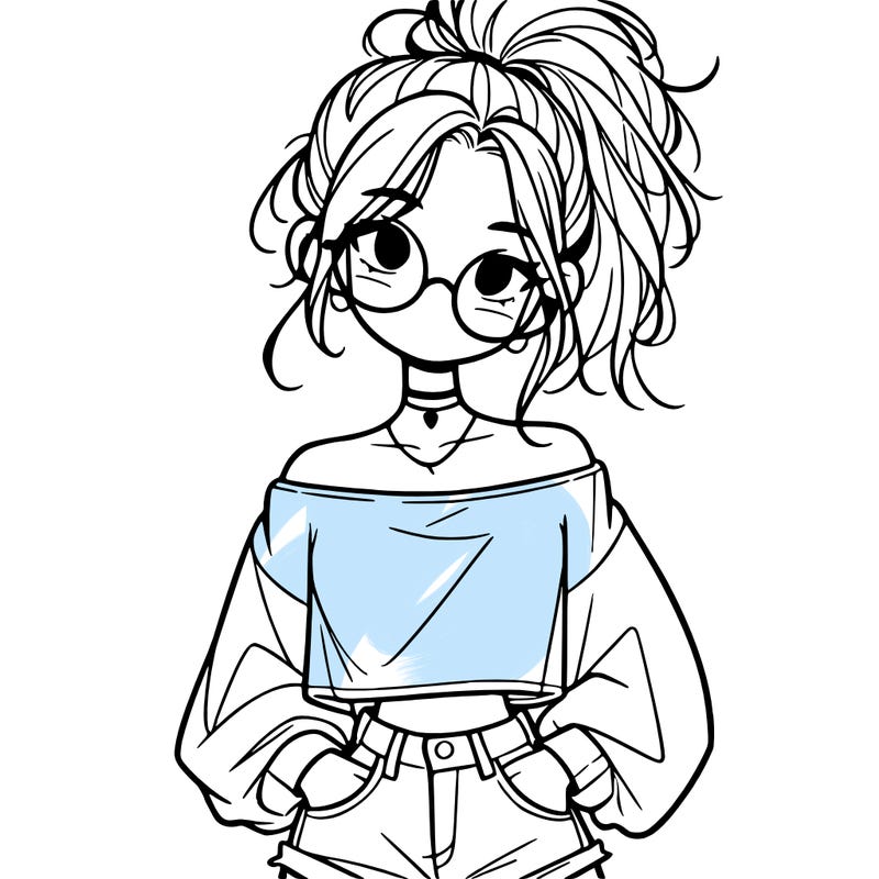 girl with a messy ponytail glasses a baggy crop top and jean shorts