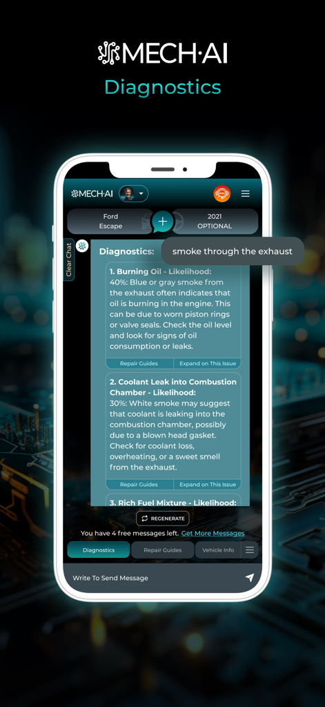 MECH.AI: Diagnostic & Repair - Interface of the MECH.AI app showing diagnostic results for exhaust smoke in a Ford Escape