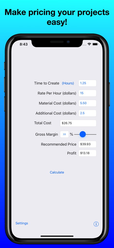 Craft Pricing Helper - Craft Pricing Helper app screen showing a calculator for time materials and profit margin to price handmade items