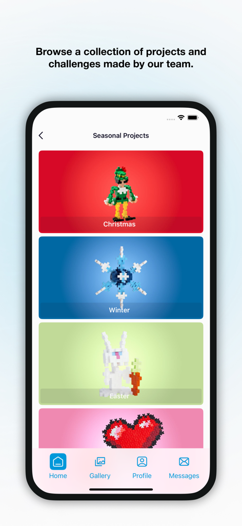 Plus-Plus - Guides & Ideas - A smartphone screen from the Plus-Plus app displaying various seasonal building projects including an elf for Christmas a snowflake for Winter and a bunny for Easter