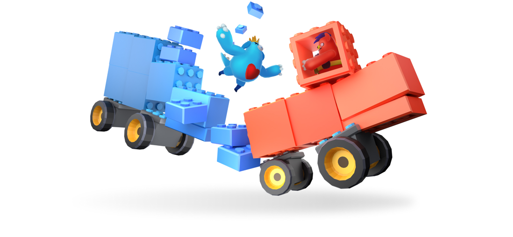 Two toy cars made of building blocks crashing in a battle arena