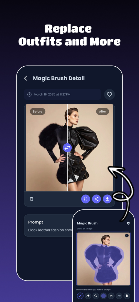 AI Clothes Changer: ReWear - Interfaz de la app móvil que muestra una herramienta de pincel mágico para seleccionar y reemplazar el outfit de una mujer en una foto