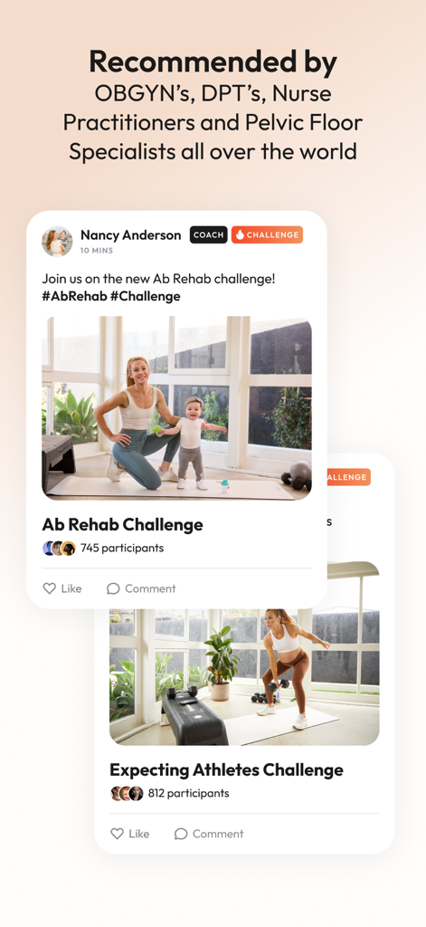 Natal - Pregnancy & Postpartum - Natal app screen showing medical expert recommended fitness challenges for pregnancy and postpartum recovery including ab rehab