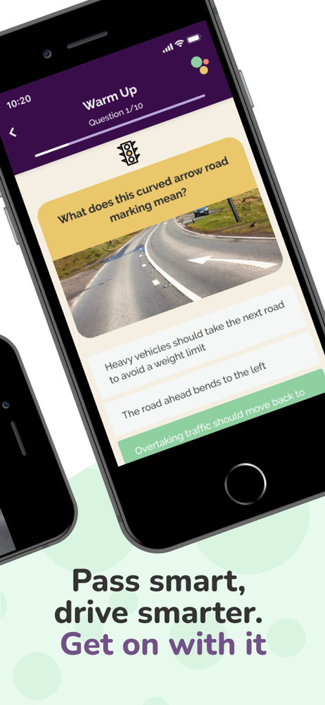 Driving Theory by James May - A smartphone showing a driving theory practice question about road markings in the James May app.