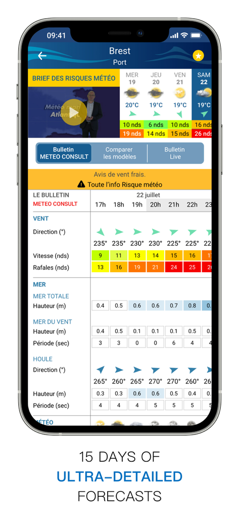 Météo Marine - Interface of Meteo Marine app displaying ultra-detailed maritime weather forecasts including wind and sea conditions