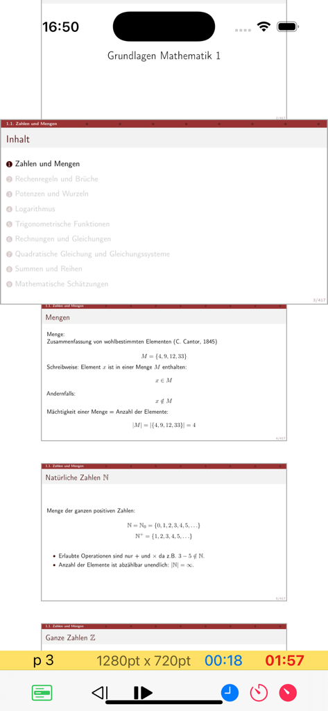 PDF Presenterモバイルアプリインターフェイス、数学プレゼンテーションスライドとプロフェッショナルコントロールを表示
