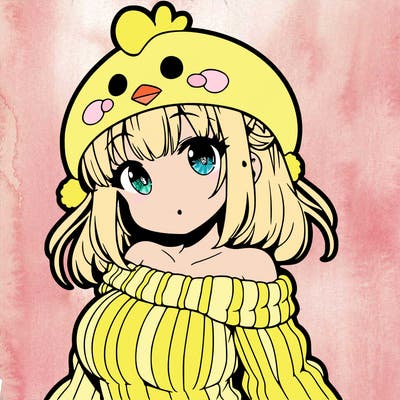 amime girl with chicken shaped hat with sweater with bere shoulders with bangs