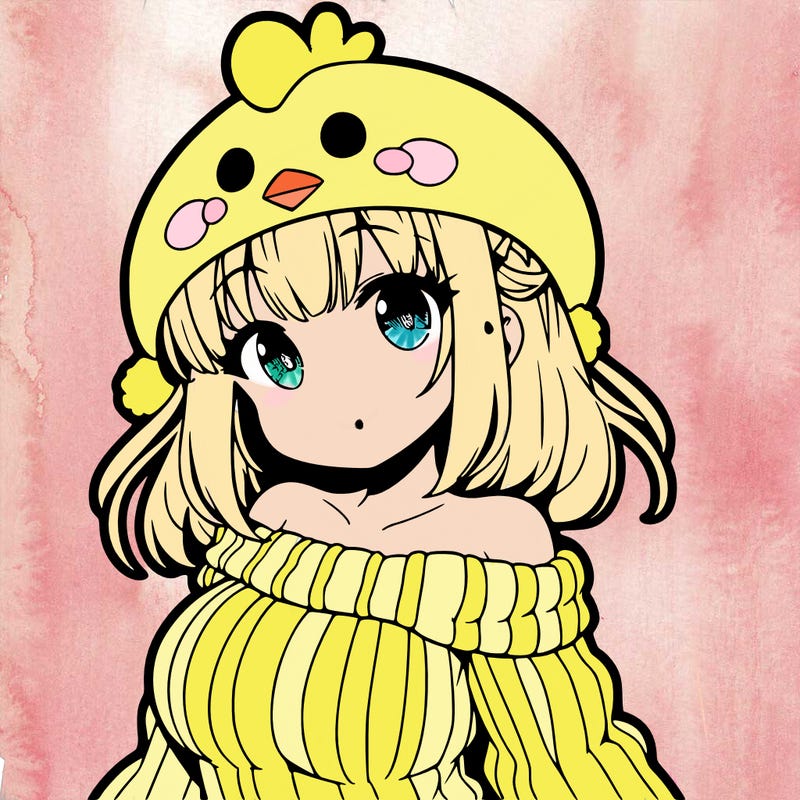 amime girl with chicken shaped hat with sweater with bere shoulders with bangs
