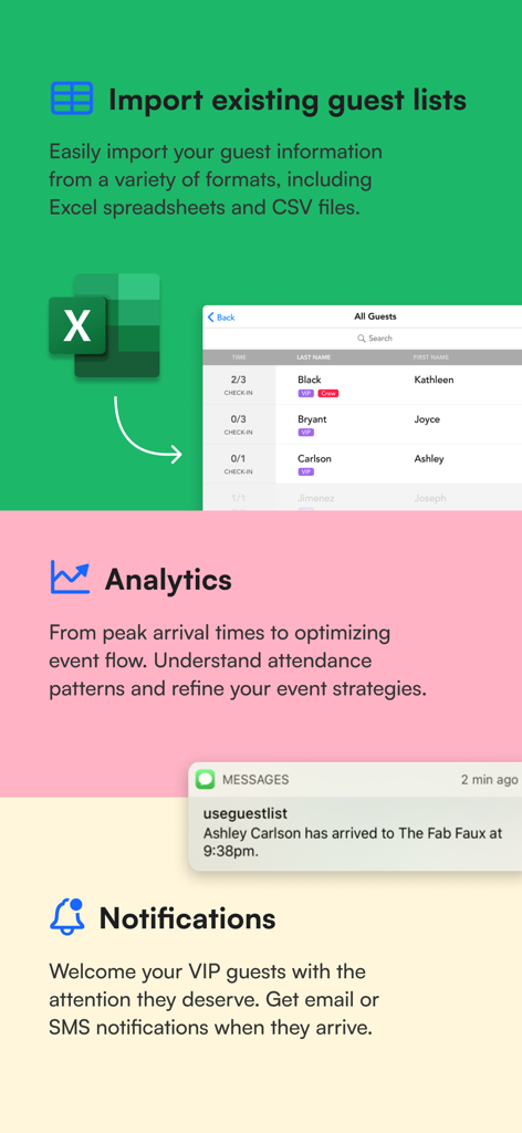 Guestlist: Guest List App - Infografía que muestra las funciones de la aplicación Guestlist para importar hojas de cálculo de Excel, panel de analíticas de eventos y notificaciones de llegada de VIPs.