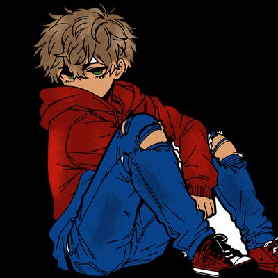 a male hoddie ripped jeans messy hair anime