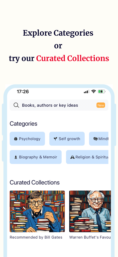 Book Summaries: Accelerated - Interface of the Book Summaries Accelerated app featuring book categories and curated collections by Bill Gates and Warren Buffett.