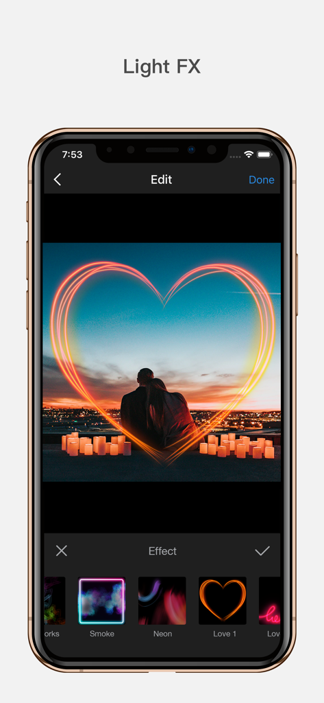 InFrame - Photo editor collage - InFrame app interface displaying a neon heart light effect on a romantic sunset photo.