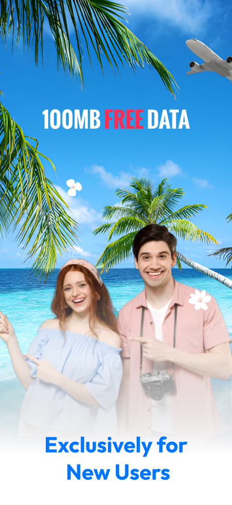 Promoción de Roami eSIM que ofrece 100MB de datos gratis para nuevos usuarios con temática de viajes