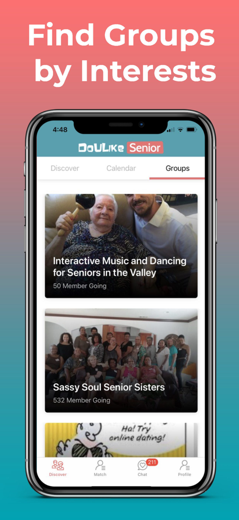 Senior Dating - DoULikeSenior - Screenshot of DoULikeSenior app showing the Groups by Interests feature with local senior social events