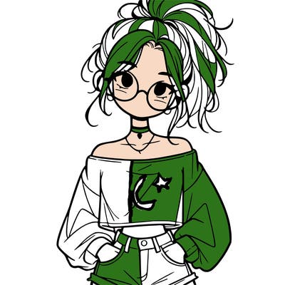 girl with a messy ponytail glasses a baggy crop top and jean shorts